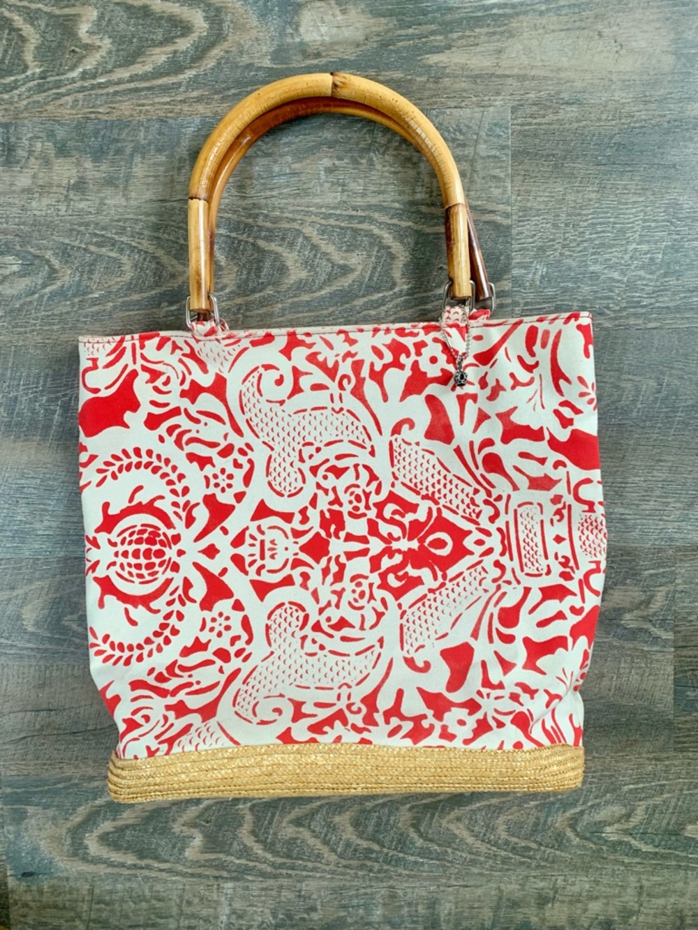DOERR Canvas Tote Bag with Cane Handles in Red and Cream